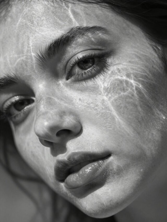 پرامپت پرتره ماکروی تک‌رنگ با انعکاس موج‌های نور روی پوست