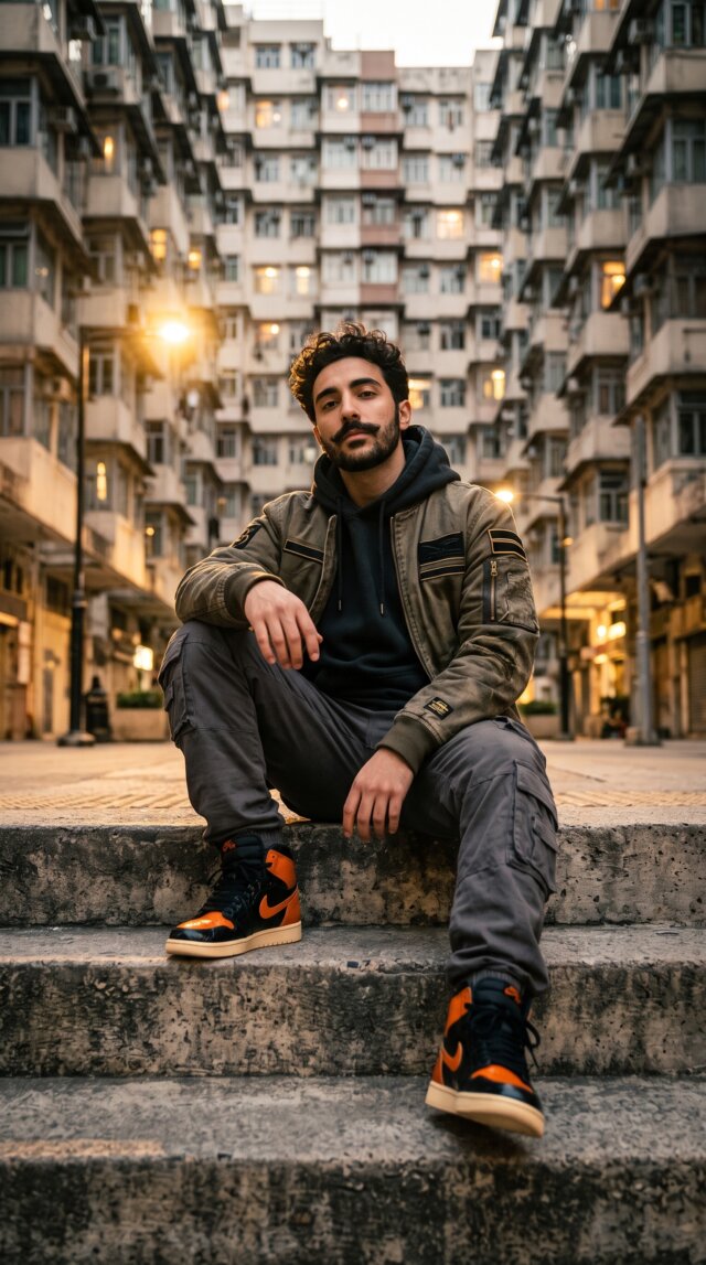 پرامپت پرترهٔ خیابانی روی پله‌های بتنی در ساعت طلایی