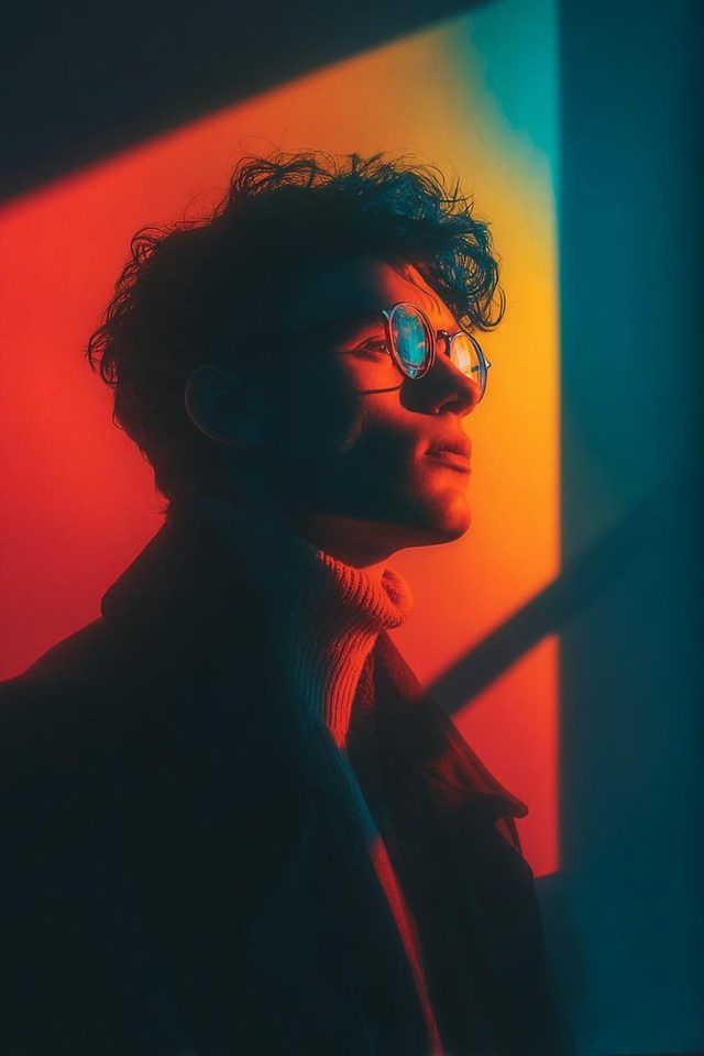 پرامپت هوش مصنوعی: پرامپت پرتره سینمایی با نور هندسی پنجره و بلوک‌بندی رنگ قرمز و فیروزه‌ای | نانو بنانا پرو | @